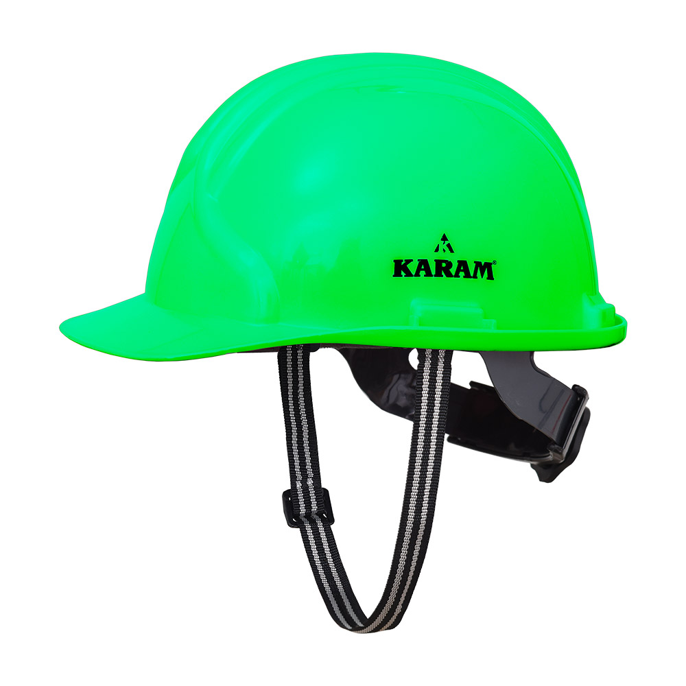 Safety Helmet with Protective Peak and Ratchet Type Adjustment